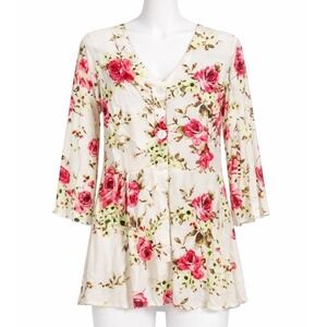 Pyramid Collection Floral Bell Sleeve Button Front Blouse Small Cottagecore